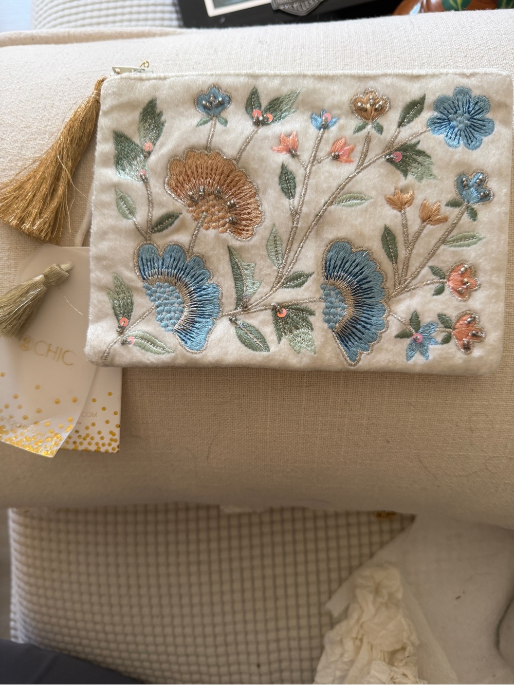Embroidered Floral Tassel Clutch - Cream with Blue & Gold Flowers